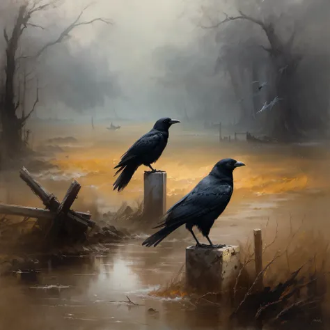 there are two black birds standing on a post in the water, Corvos, corvos lindos, Directed by: Jesper Ejsing, crows as a symbol of death, as a matte oil painting, dark fantasy oil painting, Corvos pretos, Directed by: Otakar Kubin, dark oil painting, conce...