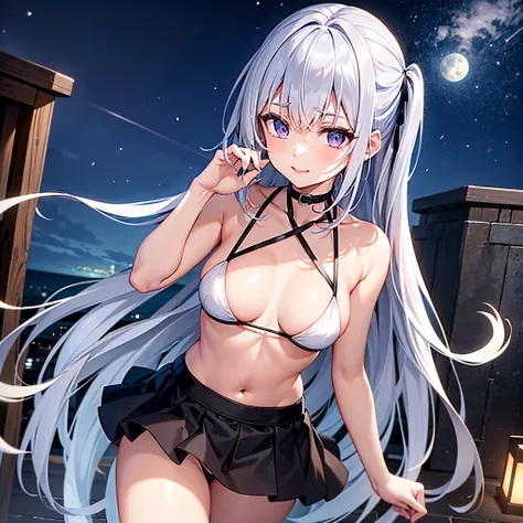 This is an open-air hot spring on the roof of a high-rise building that is higher than other buildings in the middle of the night、You can see a lot of low buildings behind you、Photograph her from below at an angle、deep in the night、Small moon and starry sk...