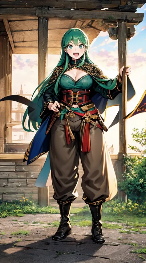 masterpiece, best quality,, corset, breastplate,lum, , urusei yatsura, cloak, pants, pullover kimono,martial pov,, pantyhose, sharpteeth, standing,smile, matial art,, full body, boots , pant, medium breast, pants, pullover,martial pov,god rays, ray tracing...