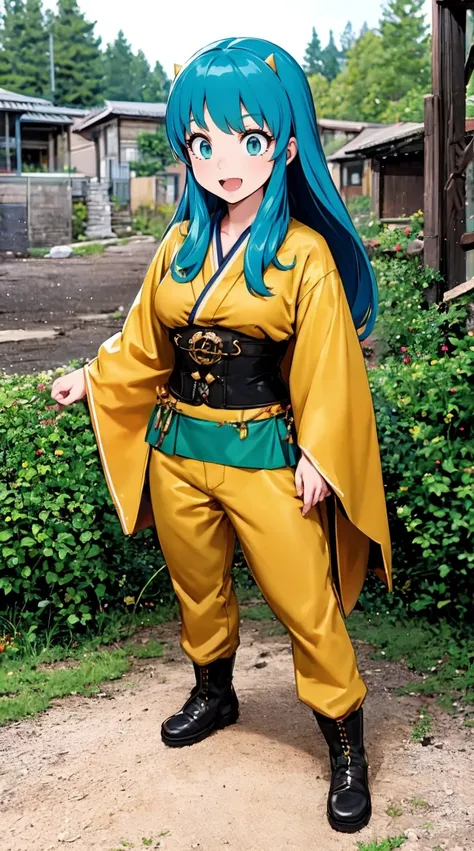 masterpiece, best quality,, corset, breastplate,lum, , urusei yatsura, cloak, pants, pullover kimono,martial pov,, pantyhose, sharpteeth, standing,smile, matial art,, full body, boots , pant, medium breast, pants, pullover,martial pov,god rays, ray tracing...