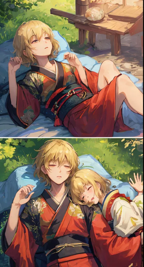 Anime Adult Man Beautiful Youth Short Hair Blonde Hanging Eyes Kimono Sleeping