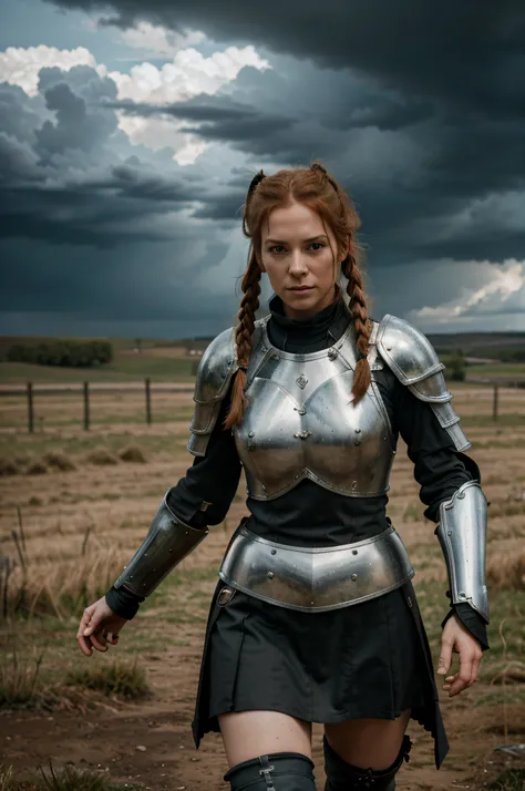 Beautiful 40 years old Scotish woman, standing on the battlefield, full medieval armor, RAW photo, dynamic pose, long ginger hair, pigtails, high detail face, direct look, high detail hands, high detail eyes, ultrarealistic, full posture photo, Nikon, dark...