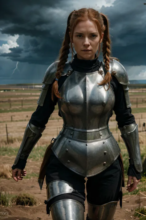 Beautiful 40 years old Scotish woman, standing on the battlefield, full medieval armor, RAW photo, dynamic pose, long ginger hair, pigtails, high detail face, direct look, high detail hands, high detail eyes, ultrarealistic, full posture photo, Nikon, dark...