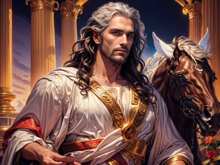 ((1Homens)), A portrait of a man in high definition, com um cavalo, ((a horse), em 8K de um homem anjo de 18 anos, ((  angel with several majestic wings,)), Deus do Mar, Deus do Oceano, Luthien, arte de deus, Deus da mitologia grega, Deus da Lua, Deus do a...