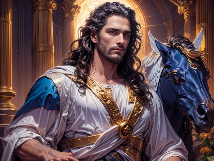 ((1Homens)), A portrait of a man in high definition, com um cavalo, ((a horse), em 8K de um homem anjo de 18 anos, ((  angel with several majestic wings,)), Deus do Mar, Deus do Oceano, Luthien, arte de deus, Deus da mitologia grega, Deus da Lua, Deus do a...