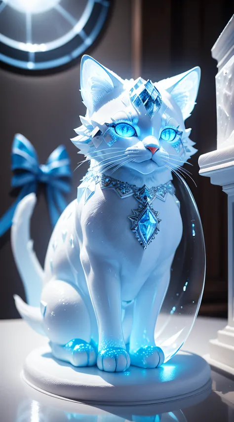 best quality, ultra-detailed, extremely detailed. Ice sculpture: Norvegian cat (bluish, white, iridescent reflections; ice transparency). HDR, 16K.