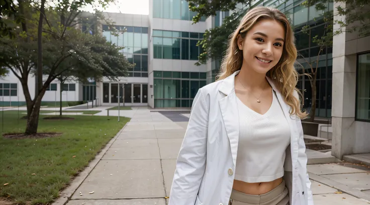 Picture a Brazilian medical student walking through the pristine and modern campus of the universitys medical school. Shes dressed in medical scrubs with a white coat, her blonde, curly hair adding a touch of vibrancy to the scene. A confident smile bright...