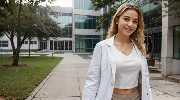 Picture a Brazilian medical student walking through the pristine and modern campus of the universitys medical school. Shes dressed in medical scrubs with a white coat, her blonde, curly hair adding a touch of vibrancy to the scene. A confident smile bright...