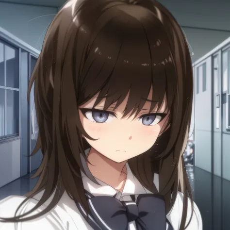 hiquality, tmasterpiece (one girls) brown short hair. gray eyes. sad face. white  shirt. gray bow. Against the background of the school corridor.