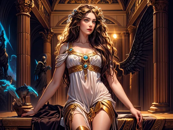 A portrait of a woman in high definition, com cavalo ((um cavalo)), em 8K de um mulher anjo de 18 anos, ((  angel with several majestic wings,)), Deus do Mar, Deus do Oceano, Luthien, arte de deus, Deus da mitologia grega, Deus da Lua, Deus do amor e da pa...