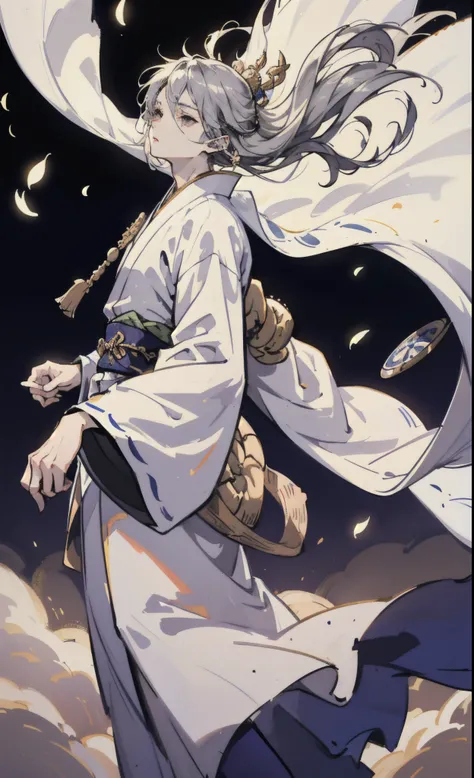 shoun、White Japanese Clothing、short silver hair、Delicate Eye Depiction、a handsome、Fairy Fluttering、Ancient style、foggy、float、wide robe with large sleeves、Dynamic poses、Dramatic composition、Flying hair