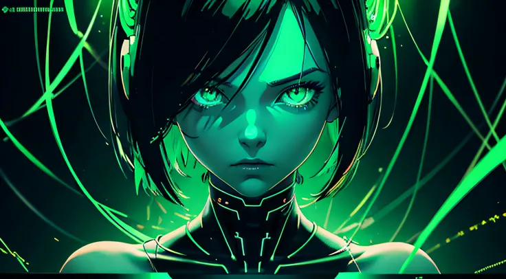 digital android girl head floating, only head, no torso, held by neon wires, cut off head, her neck is wires, digital green and black neon lights, cyberpunk, futuristic pedestal, beautiful face, green cyber eyes, robotic, no torso, matrix background, dark,...