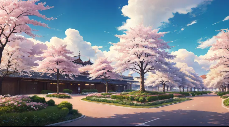 This picture depicts a city with many cherry trees, cherry trees, and lush cherry trees. The bustling tech architecture is beyond imagination. Cherry blossom trees are blooming in the sci-fi building in the distance. Pink cherry blossoms are blooming every...