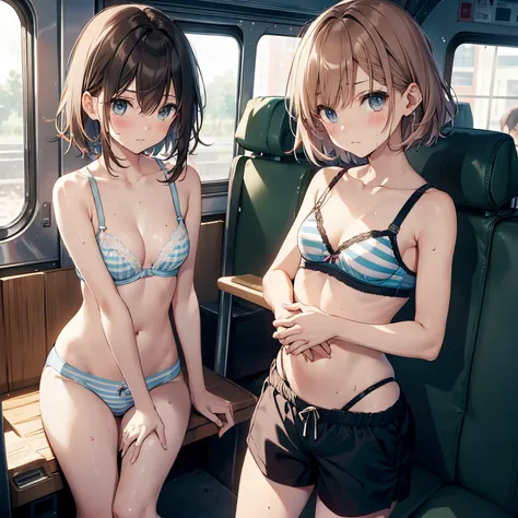 NSFW ４ｋqulity, top-quality, Misaka_mikoto, Brown-eyed, Short_hair, Ultra-small_Breast,）On a train　Blue lingerie　１4age　sexypose　Bewitching　Break white bra for heavy sweating、Pink bra、Blue bra、Green bra、Greybra、Light grey bra、 Striped bra、Polka Dot Bra、Plaid...