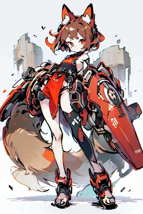 Masterpiece, intricate, anime style, full body, 1girl, rakkun, racoon girl, racoon ears, 1tail, fluffy tail, racoon tail, brown and light brown ringed tail, red and blue eyes blurred, short hair, red inner hair, brown hair, a strand of hair on the left sid...