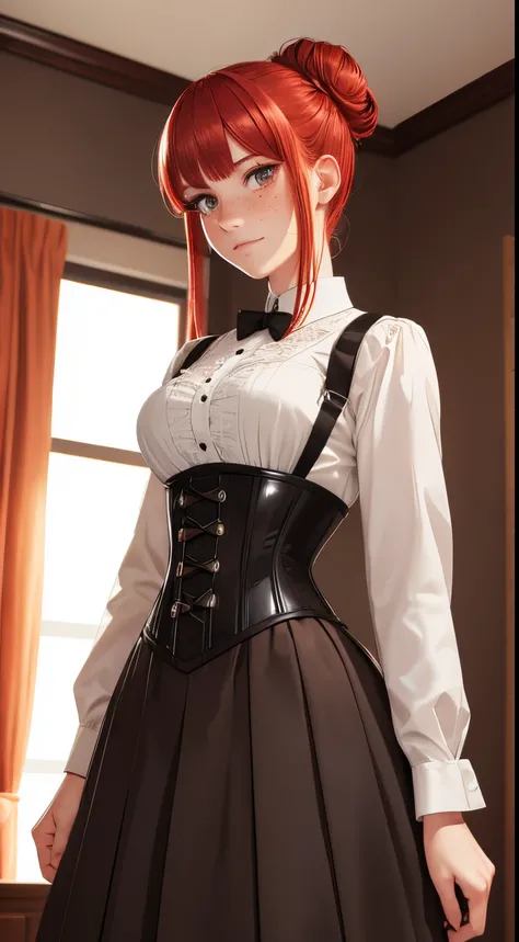 highly detailed, skindentation, pale woman with freckles, detailed face, ultra cute face,big chest, slim, red hair, hair bun, bangs, blushing, dress shirt, corset, skirt, dark bedroom, masterpiece, best quality, perfect anatomy, highres, detailed, 1girl, s...