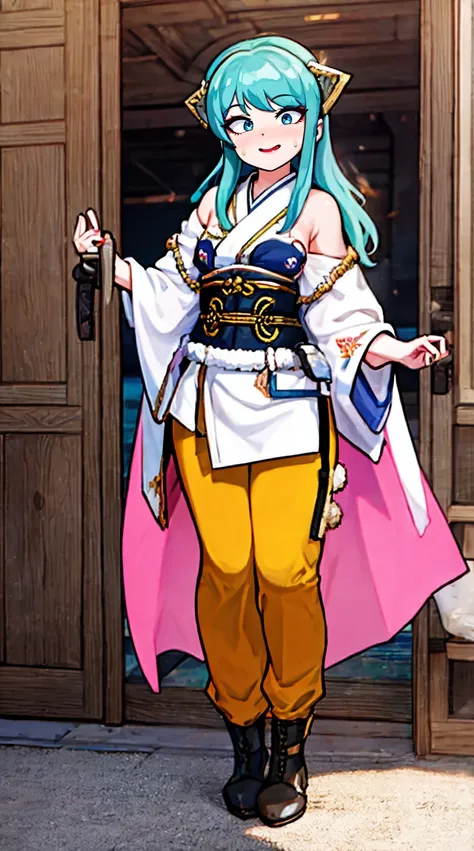 masterpiece, best quality,, corset, breastplate,lum, , urusei yatsura, cloak, pants, pullover kimono,martial pov,, pantyhose, sh...