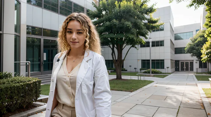 Picture a Brazilian medical student walking through the pristine and modern campus of the universitys medical school. Shes dressed in medical scrubs with a white coat, her blonde, curly hair adding a touch of vibrancy to the scene. Gracefully moving across...