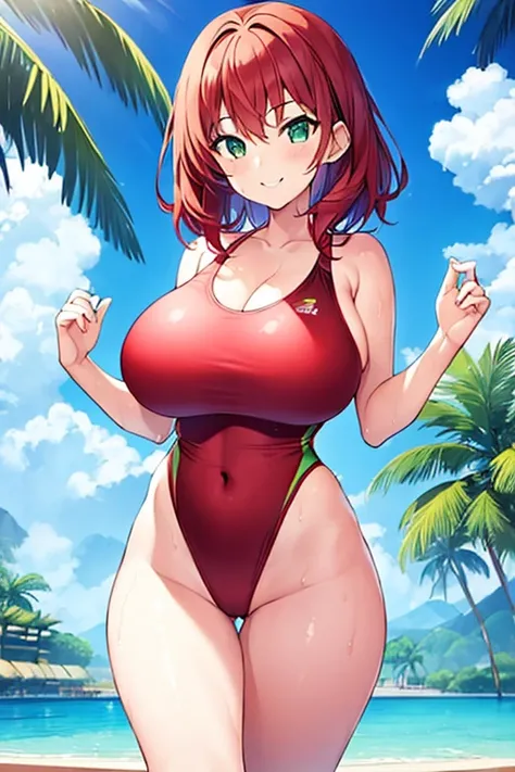 1girl, medium hair, red hair, one-piece swimsuit, green eyes, blue swimsuit, competition swimsuit, huge breasts, thick thighs, wide hips, pool, smile, light smile, 2d, anime style, anime screencap, blue competition swimsuit, wet