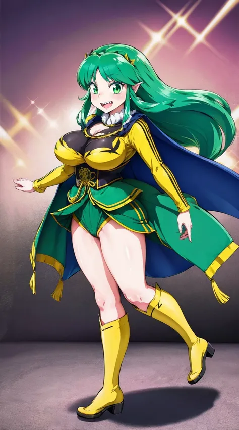 masterpiece, best quality,, corset, breastplate,lum, , urusei yatsura, cloak, pants, pullover kimono,martial pov,, pantyhose, sharpteeth, standing,smile, matial art,, full body, boots , pant, medium breast, pants, pullover,martial pov,god rays, ray tracing...