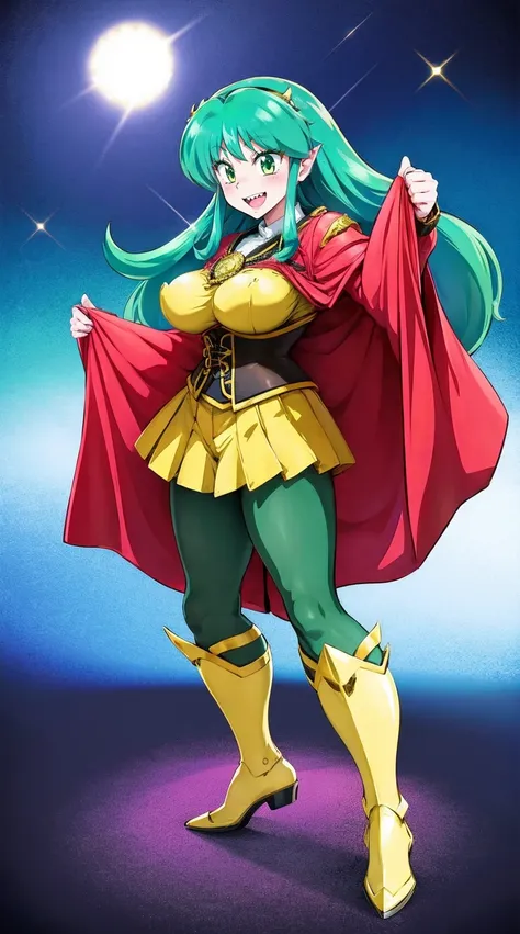 masterpiece, best quality,, corset, breastplate,lum, , urusei yatsura, cloak, pants, pullover kimono,martial pov,, pantyhose, sharpteeth, standing,smile, matial art,, full body, boots , pant, medium breast, pants, pullover,martial pov,god rays, ray tracing...