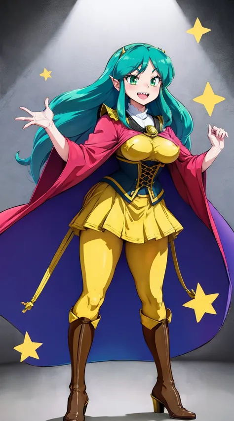 masterpiece, best quality,, corset, breastplate,lum, , urusei yatsura, cloak, pants, pullover kimono,martial pov,, pantyhose, sharpteeth, standing,smile, matial art,, full body, boots , pant, medium breast, pants, pullover,martial pov,god rays, ray tracing...