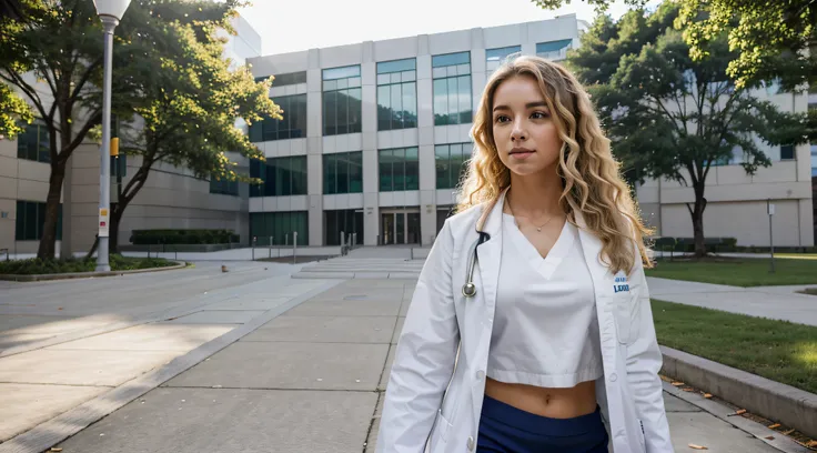 Picture a Brazilian medical student walking through the pristine and modern campus of the universitys medical school. Shes dressed in medical scrubs with a white coat, her blonde, curly hair adding a touch of vibrancy to the scene. Gracefully moving across...