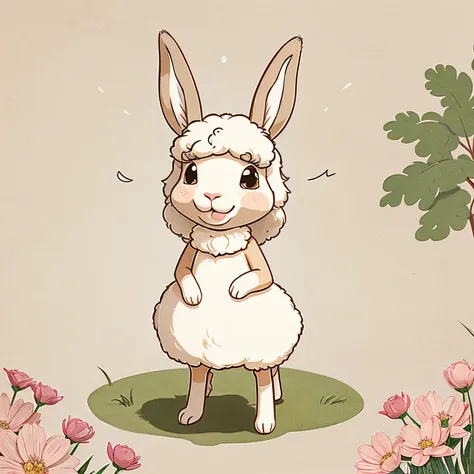 A rabbit mixed with a sheep species，Cartoon style，Japanese-style