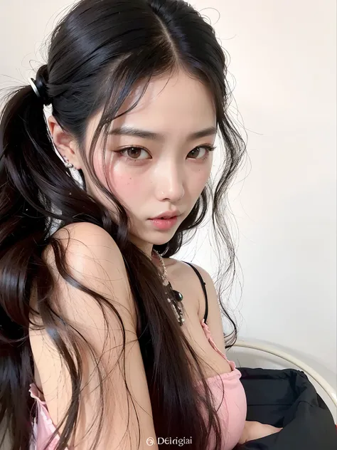 um close up de uma mulher com cabelo comprido e um top rosa, Ulzzang, dilraba dilmurat, menina coreana, penteado pigtails, jennie blackpink, wan adorable korean face, Shikami, com rabo-de-porco preto, Mulher sul-coreana bonita, penteado twintails, Heonhwa ...