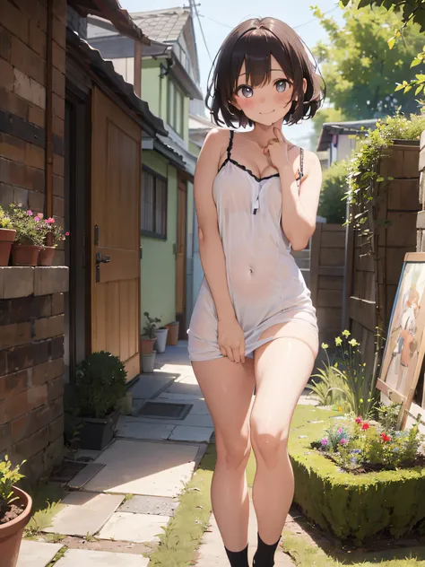 (​masterpiece:2.0), (top-quality:2.0), (standing naked in the garden:1.5), (extremely short length camisole dress:1.5), (super sexypose:1.5), (blushed face:1.5), (hide crotch with hand:1.5), (hide chest with hand:1.5), (Spilling boobs:1.5), (realistic:1.5)...