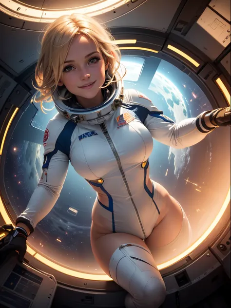 Helen Skelton, floating in zero gravity, smiling, moist skin, full figure, realistic NASA spacesuit, blonde hair floating, tiny breasts, onboard space station, Earth outside, sunbeam shining in through round viewport, floating pen, papers, dramatic light, ...