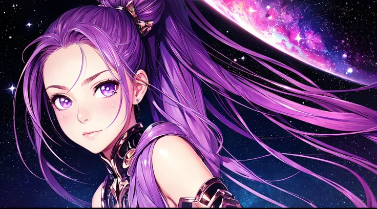 best quality,ultra-detailed,realistic,lovely face,ponytail,purple,stars,nebula,cheeky look,starry eyes,blush cheeks,portrait,painting,soft colors,subtle lighting