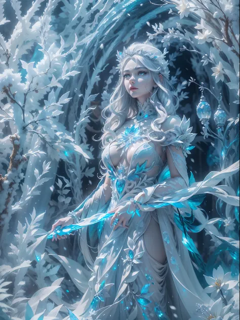 (a vibrant,cool,surreal)ice girl 3d sculpture, detailed and lifelike(the girl with long flowing silver hair and bright glowing eyes) with(details include)beautifully carved ice crystals on her gown and a (intricate)staff made of ice(carrying intricate ice ...