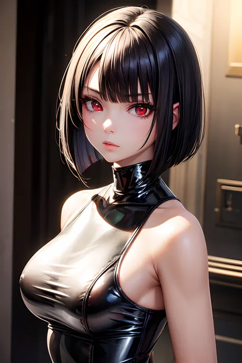 masterpiece,Best Quality,Highly detailed,1girl,Metallic White Silver tanktop,latex,Black Hair Bob,Red Eyes,