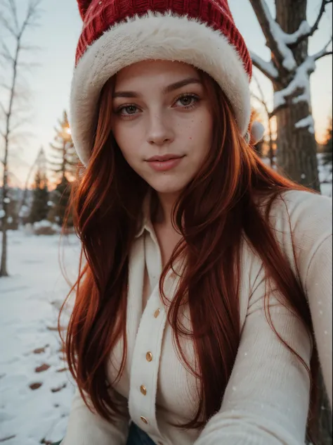 smiling, selfie photo on an old phone, polaroid filter, winter, with red hair , sexy young woman. very cute girl with lovely big...