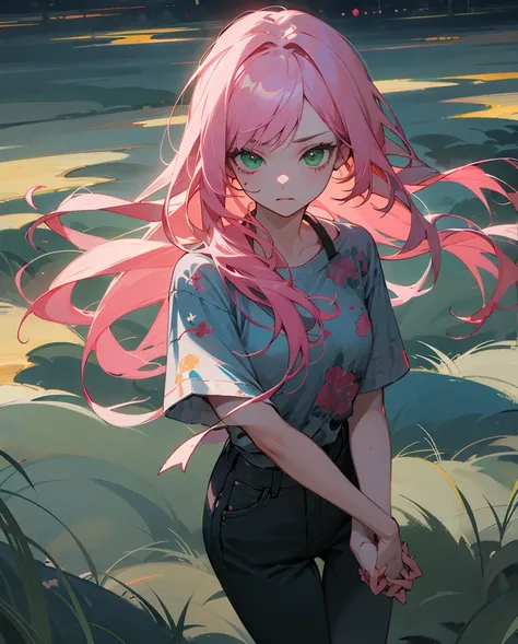 Best quality, girl being guided by the hand, long hair, pink hair, green eyes, melancholic look, (casual clothes), (being guided by someone), 15 years old, detailed hands, detailed face, top view, night landscape, arm injury, anime style