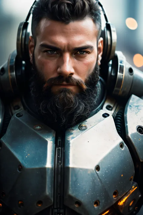 Portrait photo of muscular bearded guy in a worn mech suit, ((light bokeh)), intricate, (steel metal [rust]), elegant, sharp focus, photo by greg rutkowski, soft lighting, vibrant colors, masterpiece, ((streets)), detailed face