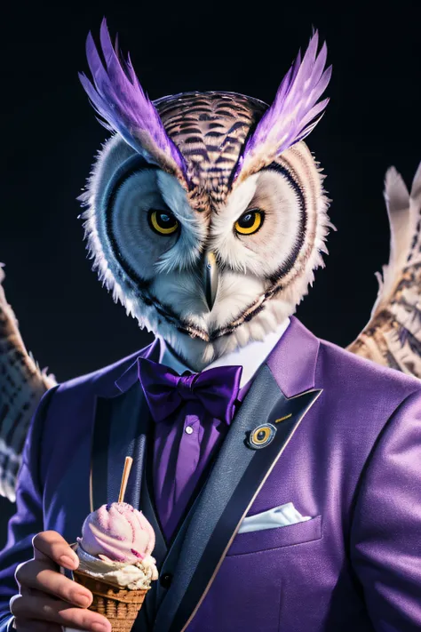 (best quality,ultra-detailed,realistic:1.37),man-owl hybrid,owl-head and face,owl-like features,man wearing a suit,holding a purple ice cream in hand,[feathers],sharp focus,[elegant pose],owl wings,nighttime background,moonlight illuminating the scene,port...