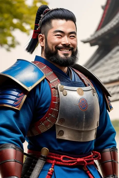 Make a young samurai at most 20 years old with big muscles and a smiling posture with little beard and dark blue armor