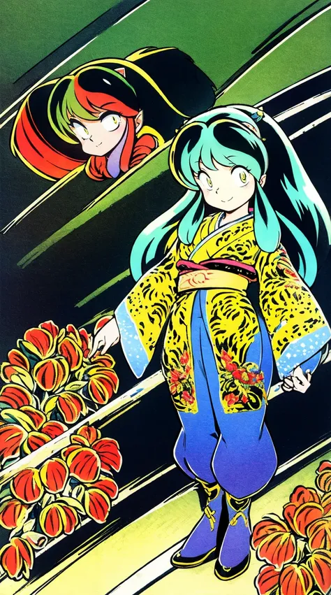 masterpiece, best quality,, corset, breastplate,lum, , urusei yatsura, cloak, pants, pullover kimono,martial pov,, pantyhose, sharpteeth, standing,smile, matial art,, full body, boots , pant, medium breast, pants, pullover,martial pov,god rays, ray tracing...