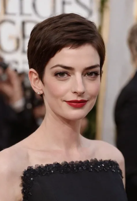 Anne Hathaway, bookstore,original,She stands approximately 58" tall and has a slim physique. She is known for her large, expressive brown eyes and a radiant smile featuring prominent, well-aligned teeth.

Hathaway has a fair complexion and, often, sports d...