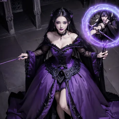 ((Best Quality, masutepiece, 超A high resolution、The most complex and detailed depictions)), ((One Beautiful Witch、perfect witch;Final form、evil dark wizard、creepy and beautiful costumes、Evil makeup、Purple lips、eyeshadows、very intricate gothic dress、the mos...