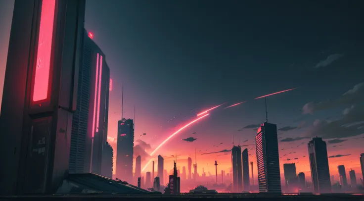 cyberpunk, ciudad destruida, noche, luna roja