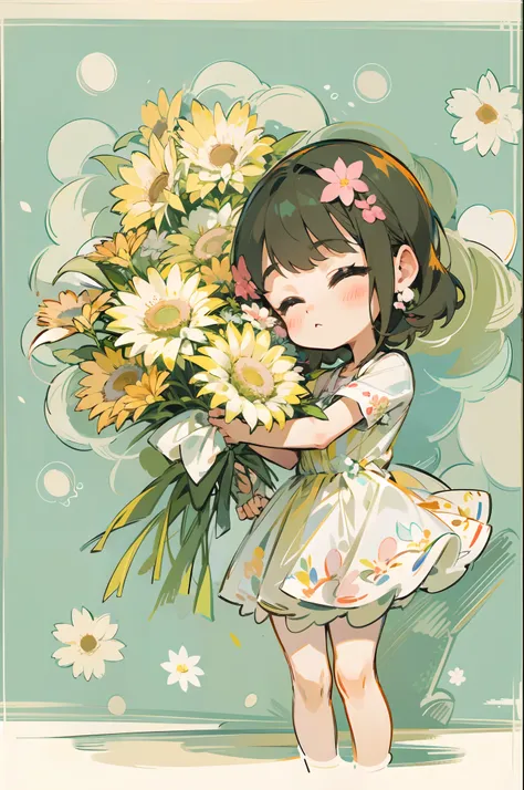 A beautiful woman handing me a bouquet of flowers saying, "Thank you."(Artistically drawn)(chibi girl) (simple background) (flat painting style) (kawaii)