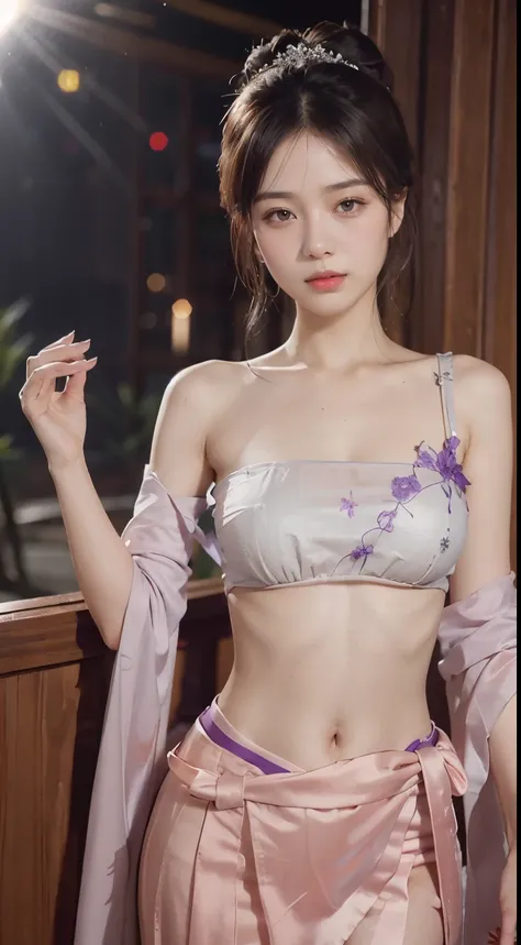 Bust photo, a beautiful woman, messy hair, girly, symmetrical bun, hair accessories, jewelry, delicate face, eye shadow, purple top, purple, purple, crop navel, purple long skirt, Dunhuang style, delicate embroidery, silver decoration, silver streamer, whi...