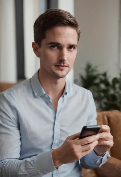 Evan Spiegel, holding phone, ,original,Evan Spiegel, white male, short brown hair, cleft chin