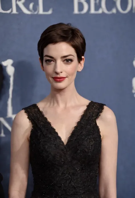 Anne Hathaway, (at bookstore:1.2),original,She stands approximately 58" tall and has a slim physique. She is known for her large, expressive brown eyes and a radiant smile featuring prominent, well-aligned teeth.

Hathaway has a fair complexion and, often,...