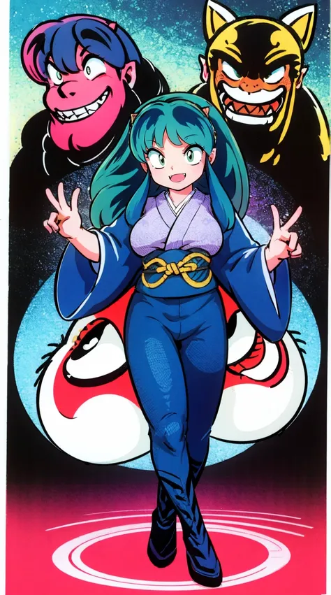 masterpiece, best quality,, corset, breastplate,lum, , urusei yatsura, cloak, pants, pullover kimono,martial pov,, pantyhose, sh...