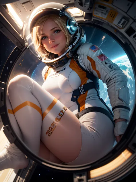 Helen Skelton, floating in zero gravity, smiling, moist skin, full figure, realistic NASA spacesuit and helmet, blonde hair floating, tiny breasts, onboard space station, Earth outside, sunbeam shining in through round viewport, floating pen, papers, drama...