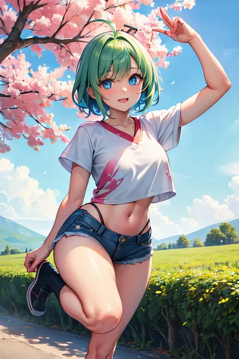 colorful auspicious clouds, sakura, leaf, tree, waterfall, acorn, soil, blurry_foreground, 1girl, day, painting, depth_of_field, blurry, (best quality), ((masterpiece)), cute anime girl, green hair, short hair, red t-shirt, cutout above navel, blue denim s...